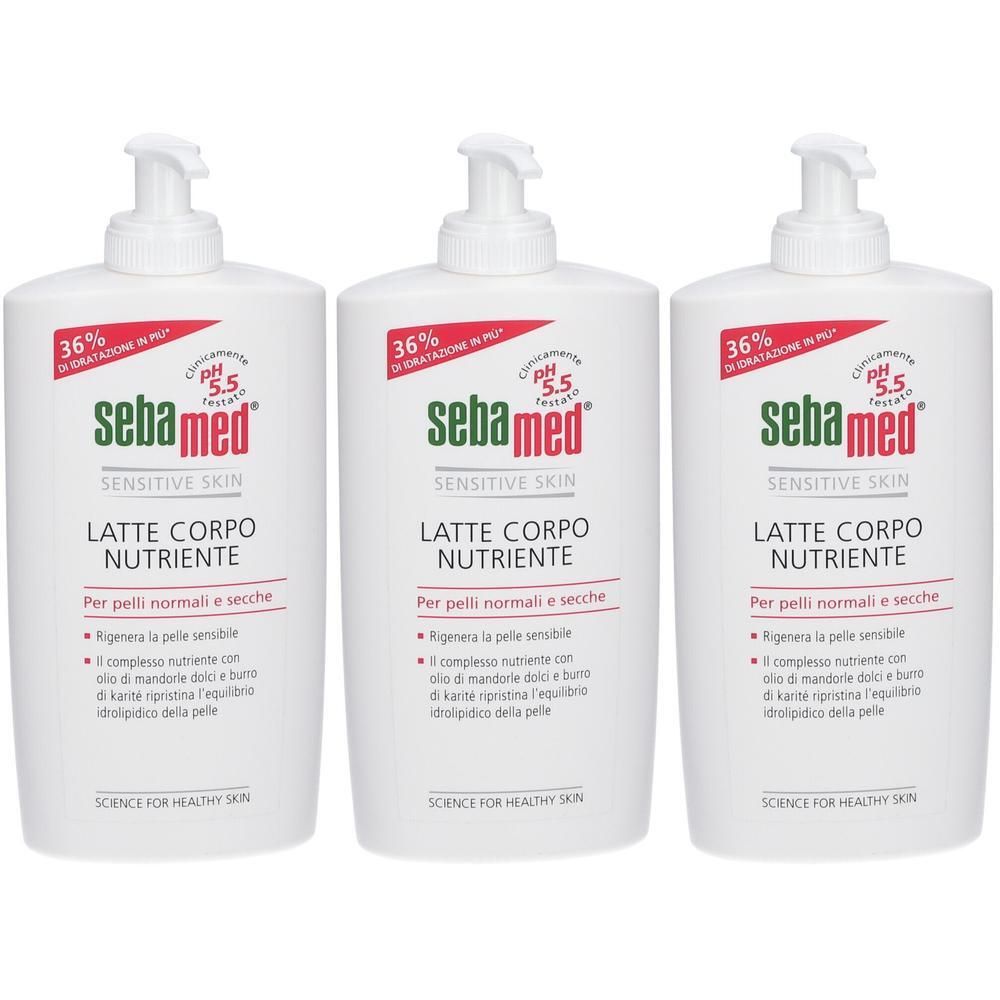 Tre flaconi di latte corpo Sebamed con dispenser a pompa. Per pelli normali e secche.