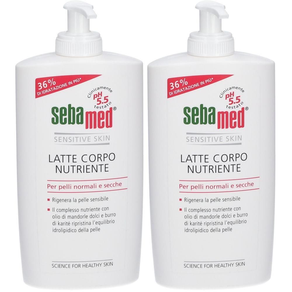 Due flaconi di latte corpo Sebamed® con dispenser a pompa. Per pelli sensibili.