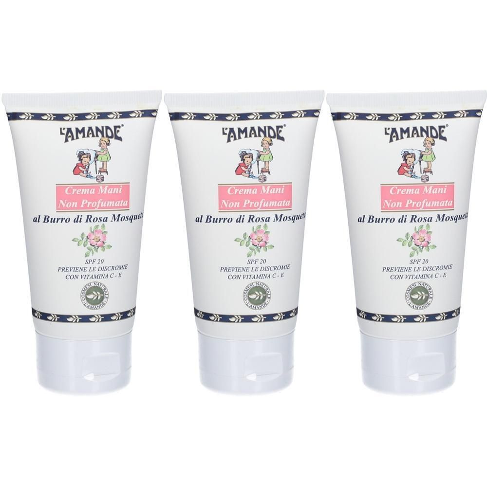 Tre tubi di crema mani con burro di rosa mosqueta e SPF 20.