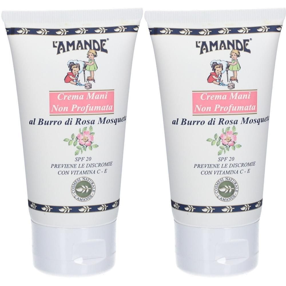 Due tubi di crema mani L'AMANDE al burro di rosa mosqueta, SPF 20.