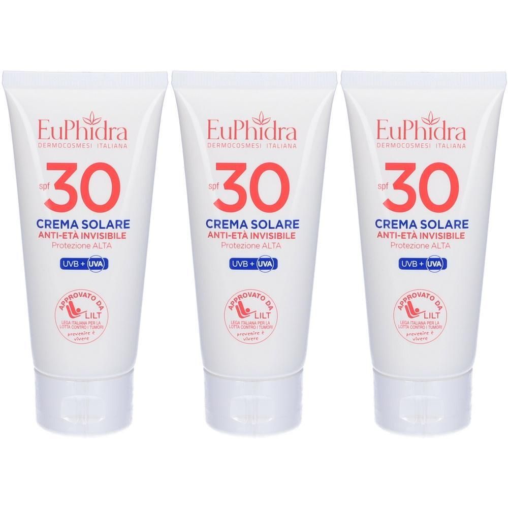Tre tubi bianchi di crema solare viso Euphidra Kaleido SPF 30. Protezione UVB+UVA.