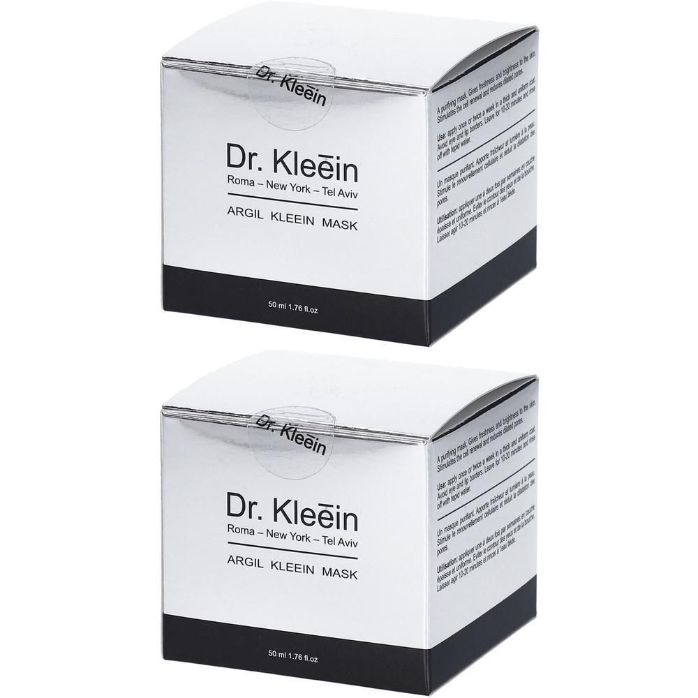 Due scatole Dr. Kleein ARGIL KLEEIN MASK, argento e nero, con informazioni sul prodotto.