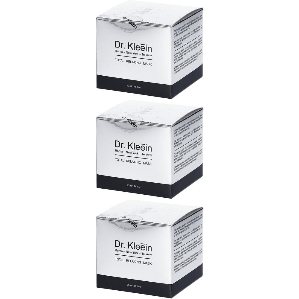 Tre scatole Dr. Kleein TOTAL RELAXING MASK, bianche con banda nera.