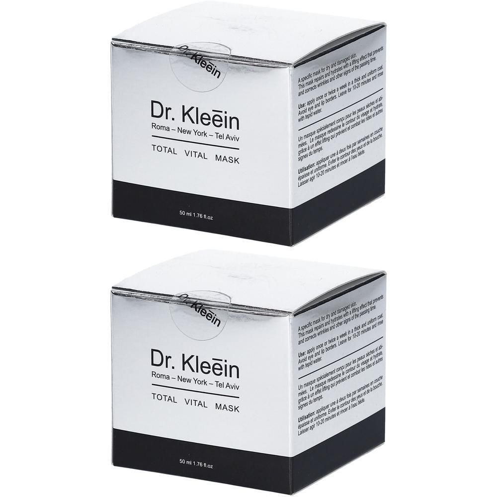 Due scatole Dr. Kleein TOTAL VITAL MASK, argento e nero, con informazioni sul prodotto.