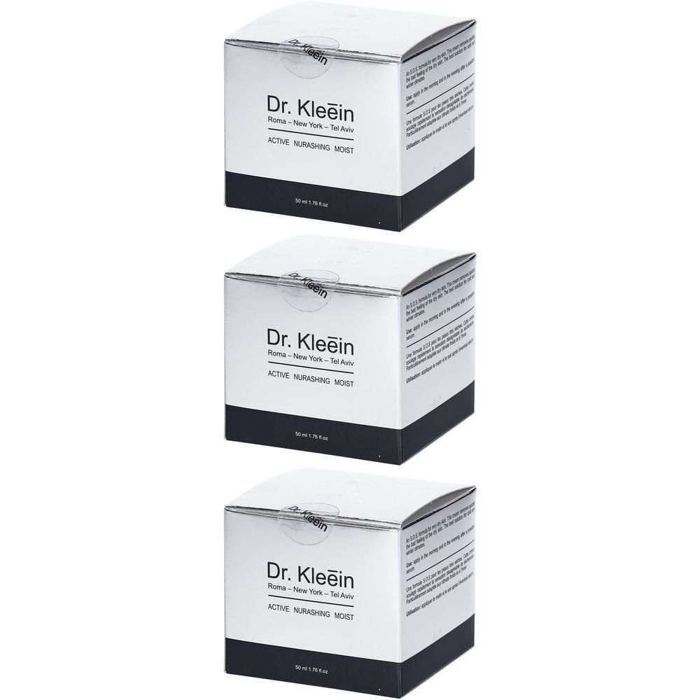 Tre barattoli di crema Dr. Klein Active Nourishing Moist in confezione argentata e nera.