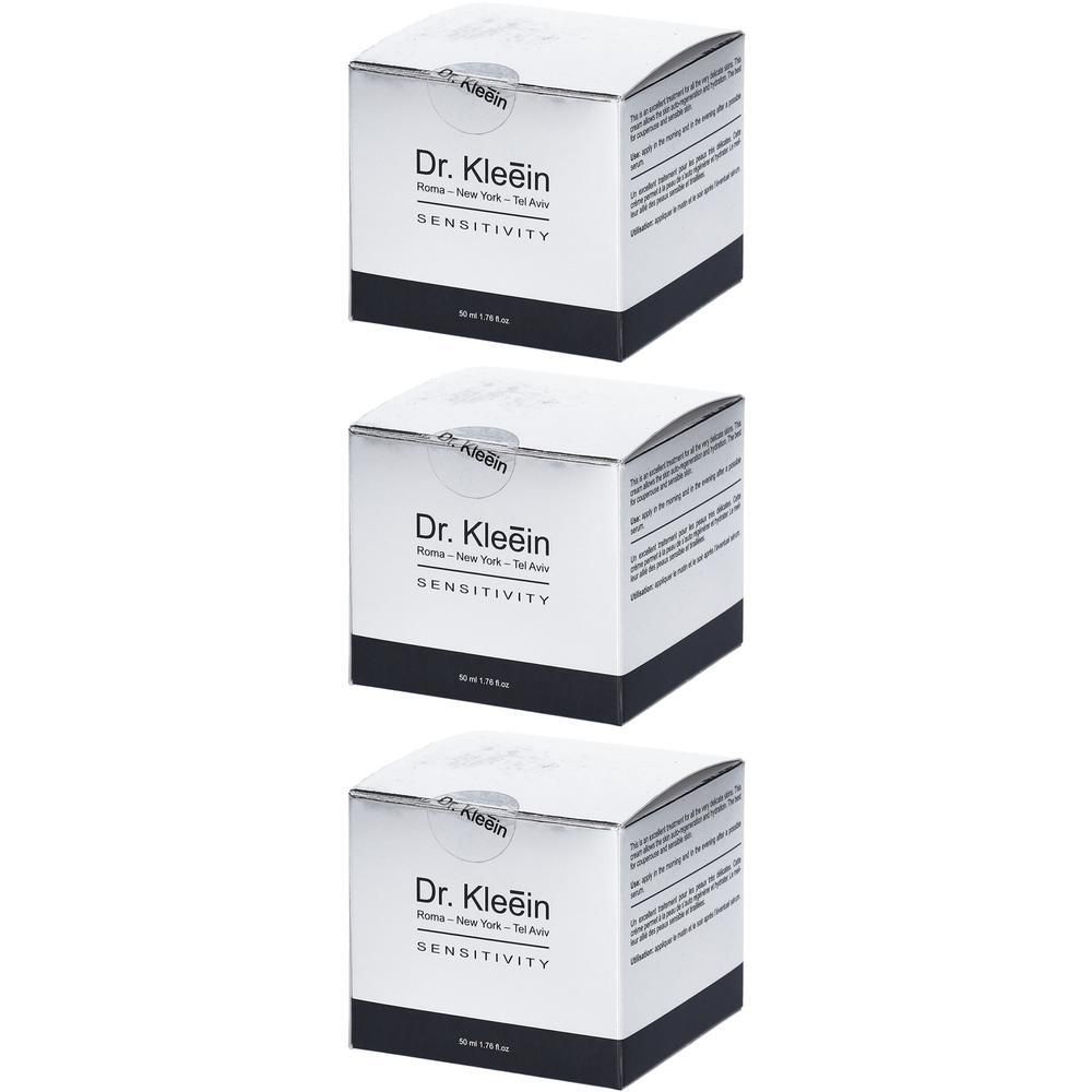 Tre scatole di cosmetici Dr. Kleein SENSITIVITY. Confezione argento e nera con informazioni sul prodotto.