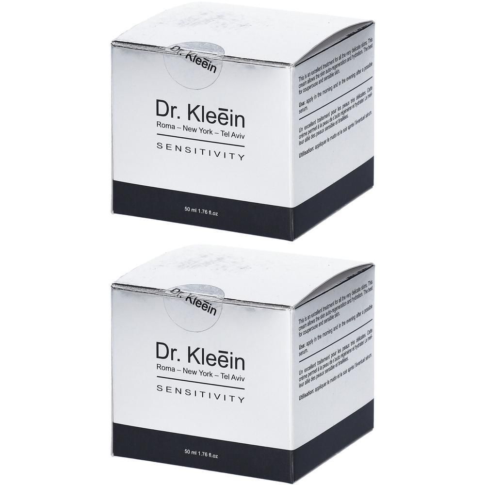 Due confezioni di cosmetici Dr. Kleiin SENSITIVITY, argentate con fascia nera.