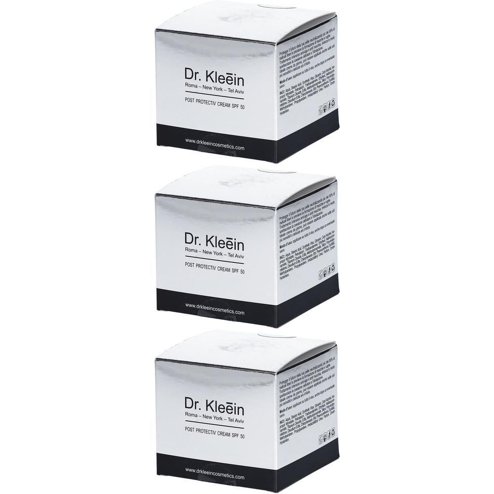 Tre scatole di Dr. Kleein POST PROTECTIVE CREAM SPF 50, bianco e argento.