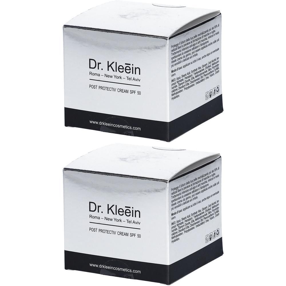 Due scatole pieghevoli Dr. Kleein POST PROTECTIVE CREAM SPF 50. Argento e bianco con testo nero.