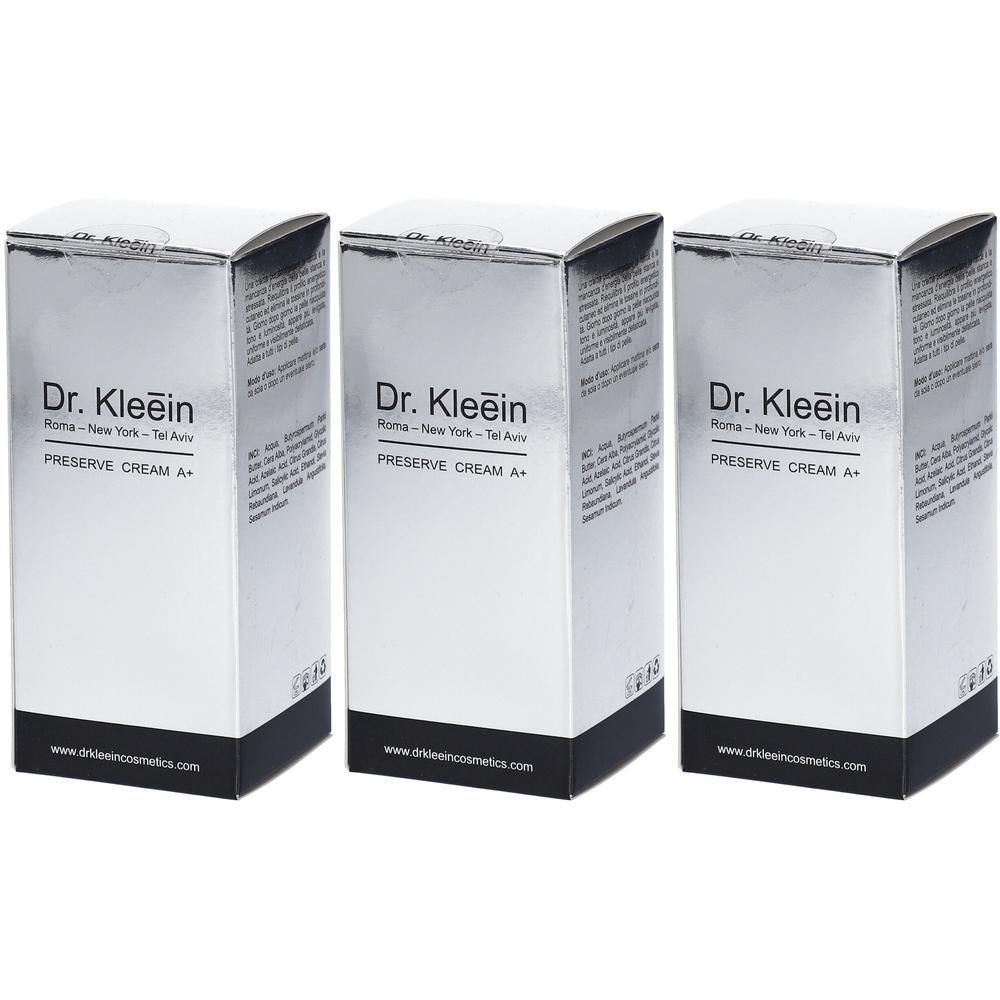 Tre scatole argentate con la scritta Dr. Kleein PRESERVE CREAM A+.