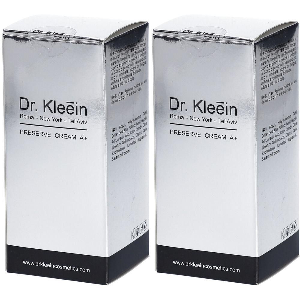 Due scatole argentate con la scritta Dr. Kleein PRESERVE CREAM A+.