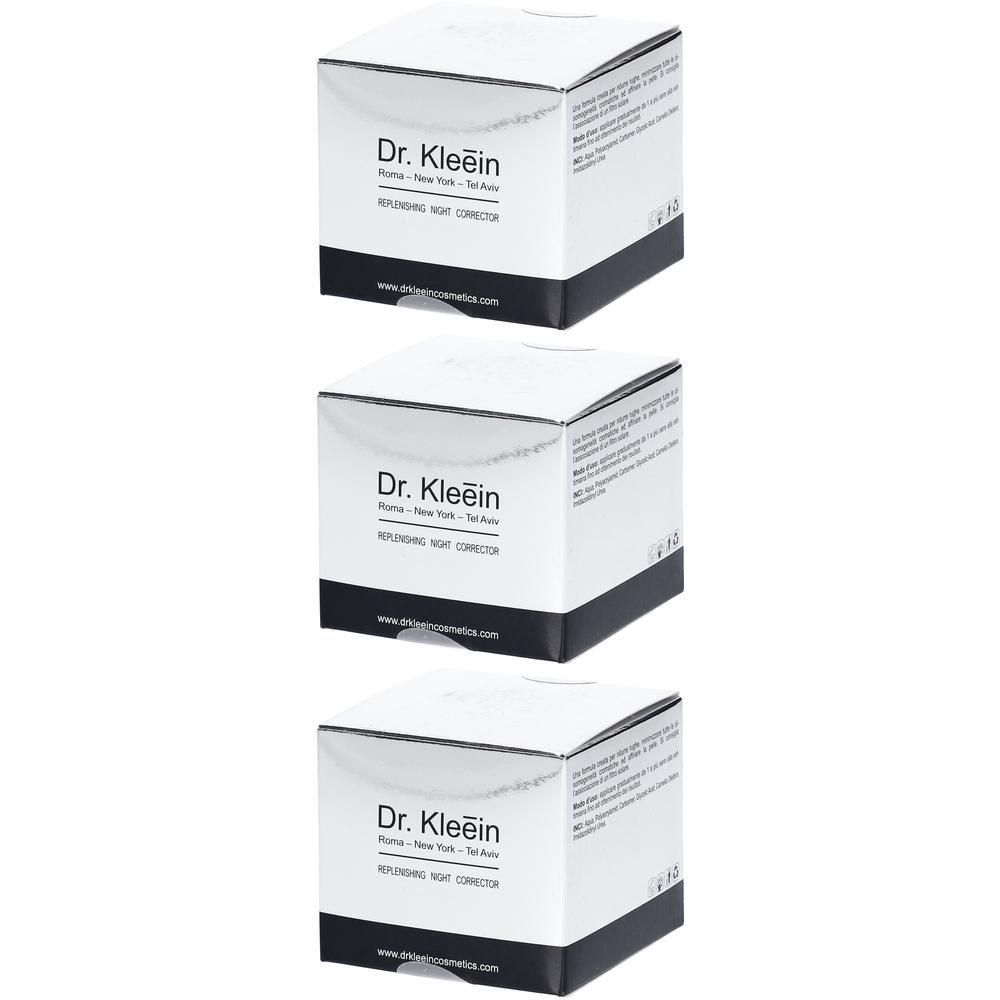 Tre scatole Dr. Kleein REPLENISHING NIGHT CORRECTOR, bianche con fascia nera.