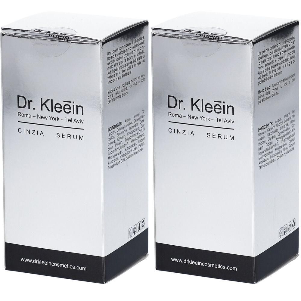 Due scatole argentate per Dr. Kleein CINZIA SERUM con testo e logo.