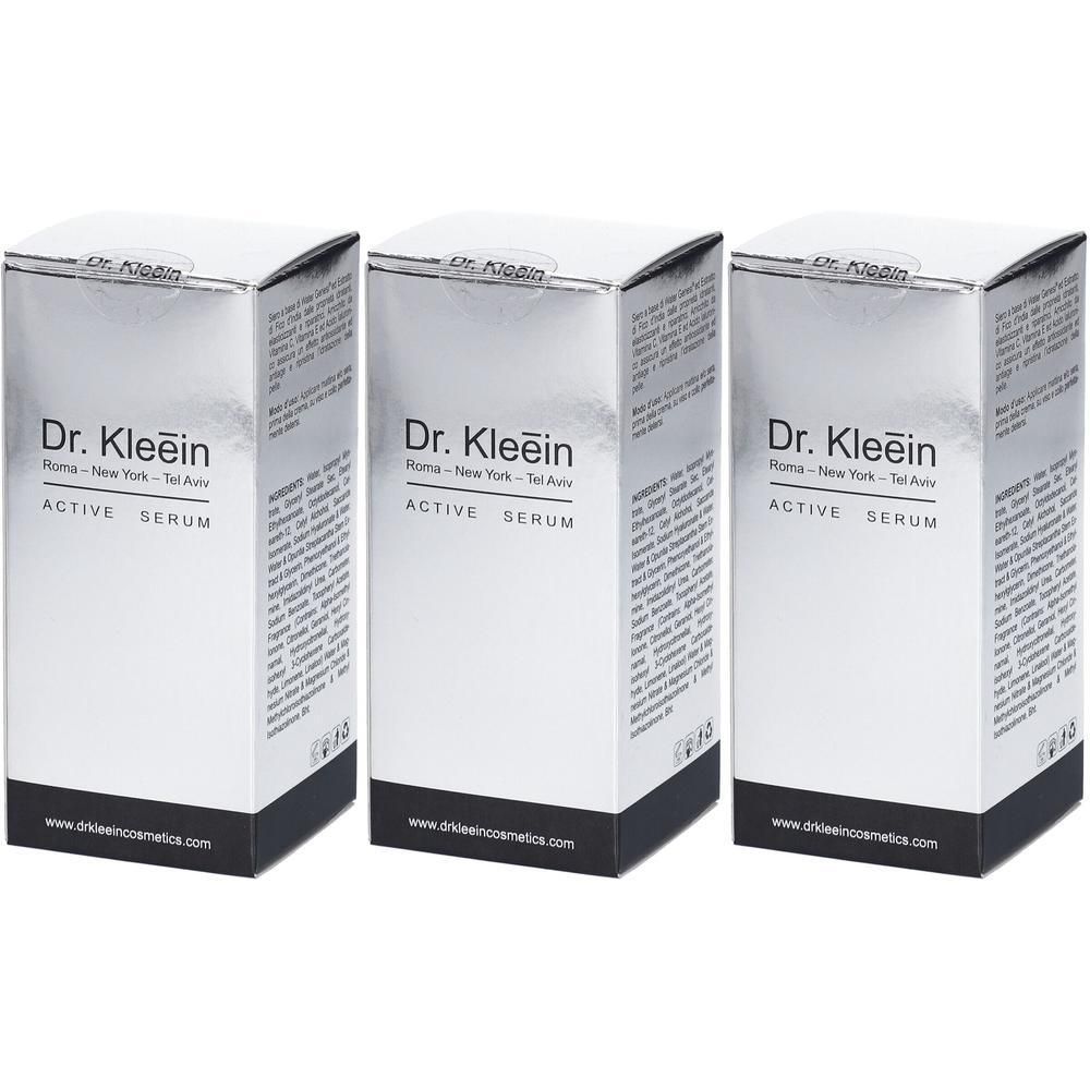 Tre scatole pieghevoli Dr. Kleein ACTIVE SERUM, color argento con base nera.