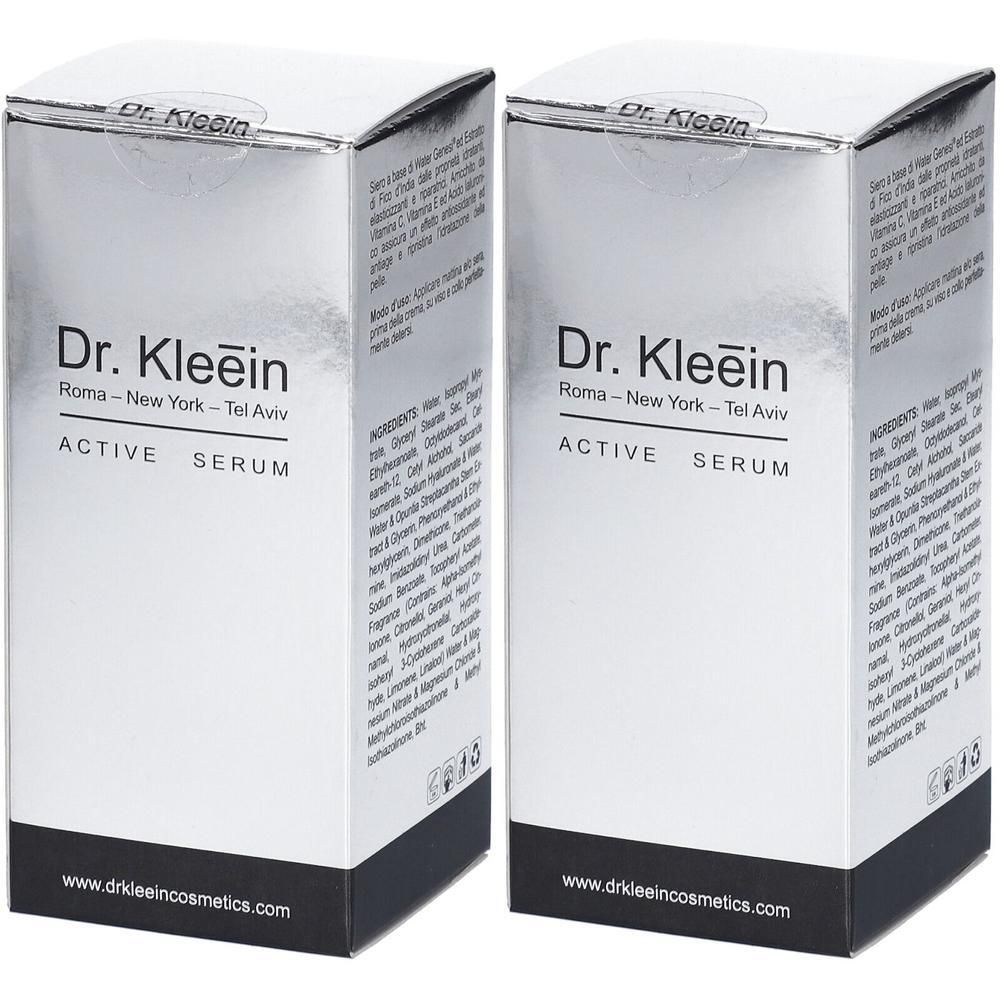 Due scatole di Dr. Kleein ACTIVE SERUM con informazioni e sito web.
