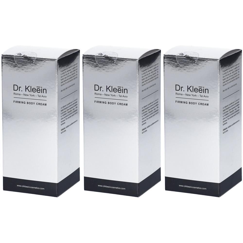 Tre scatole di Dr. Kleein Firming Body Cream, argentate e nere.