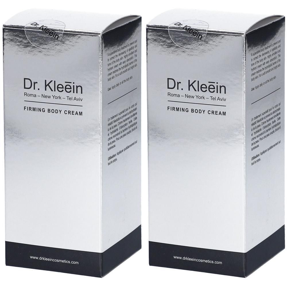 Due scatole di Dr. Kleiin Firming Body Cream, argentate con base nera.