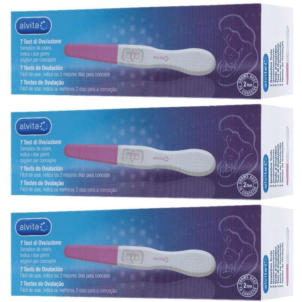 Tre confezioni di test di ovulazione Alvita. Ogni test ha una base bianca con punta rosa e una finestra digitale.