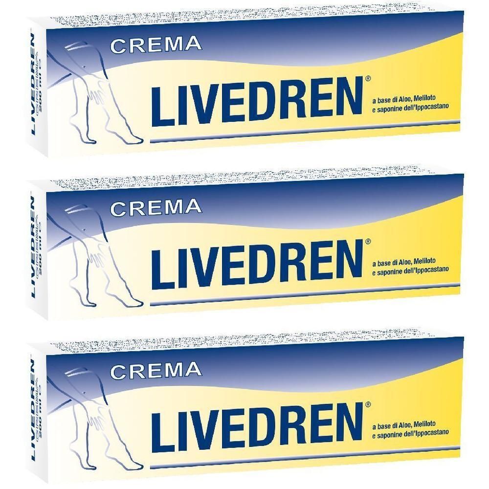 Tre confezioni di crema Livedren con illustrazione di gambe.