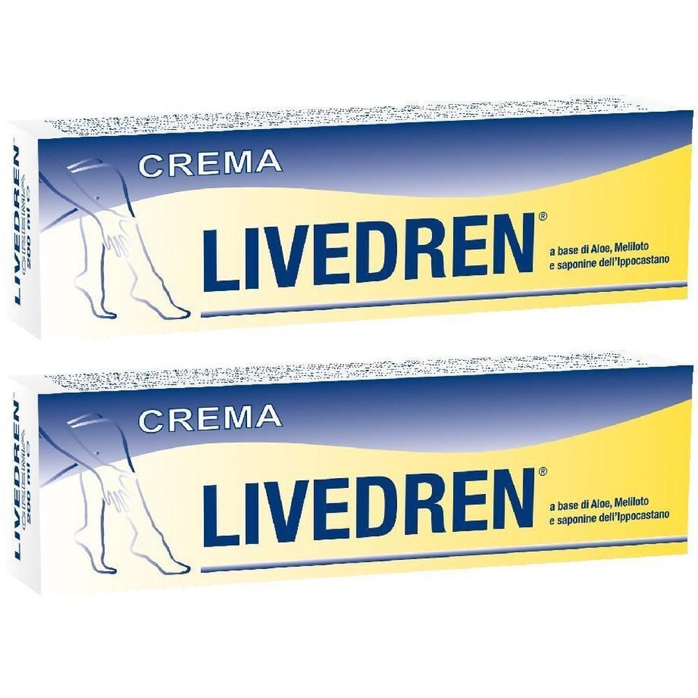 Due confezioni di crema Livedren con illustrazione di gambe.