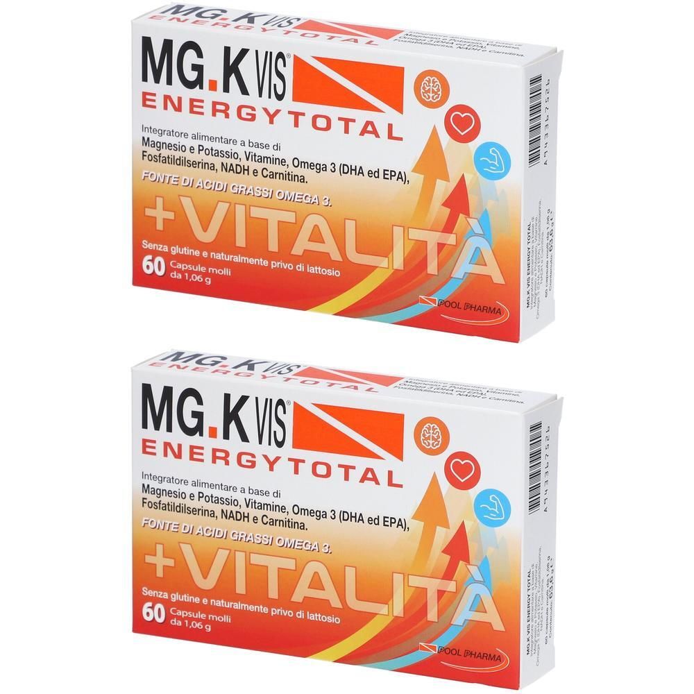 Due confezioni di MG.K Vis Energy Total da 60 capsule. Contiene magnesio, potassio, vitamine, omega 3, fosfatidilserina, NADH e carnitina.