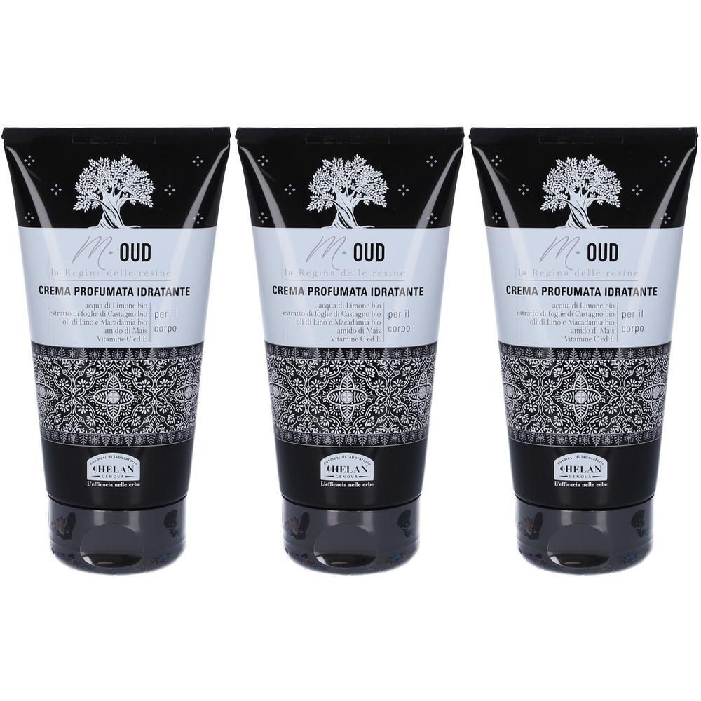 Tre tubetti di Helan M-Oud Crema Profumata Idratante con design ad albero e motivo.