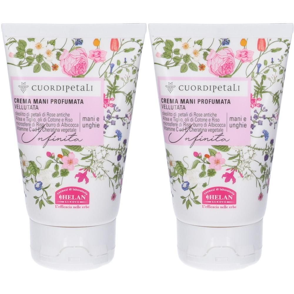 Due tubetti di crema mani con decoro floreale. Marca: Cuordipetali.