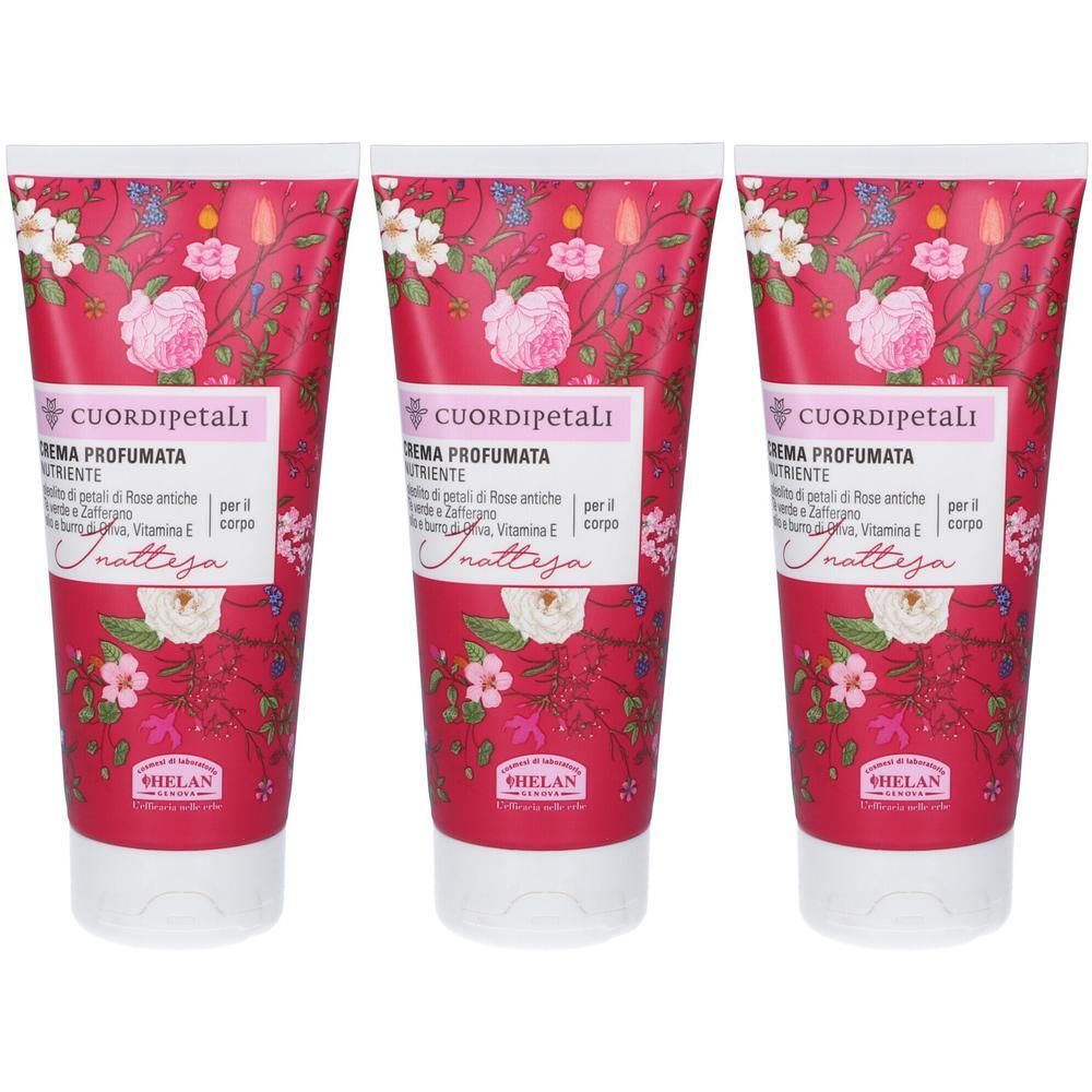 Tre tubi di crema corpo con motivo floreale e testo. Marca Helan.