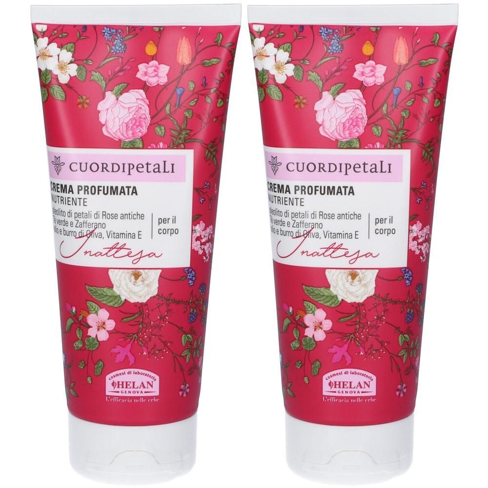 Due tubi di crema profumata nutriente con fantasia floreale. Marca Helan.