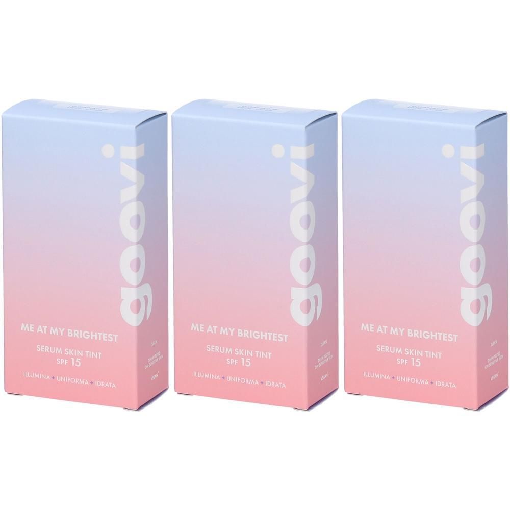Tre scatole di Goovi Me At My Brightest Serum Skin Tint SPF 15, tonalità Ganache.