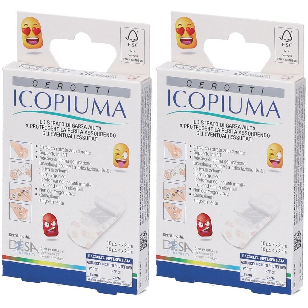 Due confezioni di cerotti Icopiuma. Ogni pacco contiene 10 cerotti da 7x2cm e 4x2cm.