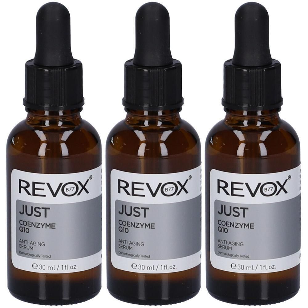 Tre sieri Revox B77 Just Coenzima Q10 anti-età in flaconi di vetro marrone con contagocce. Ogni flacone contiene 30 ml.