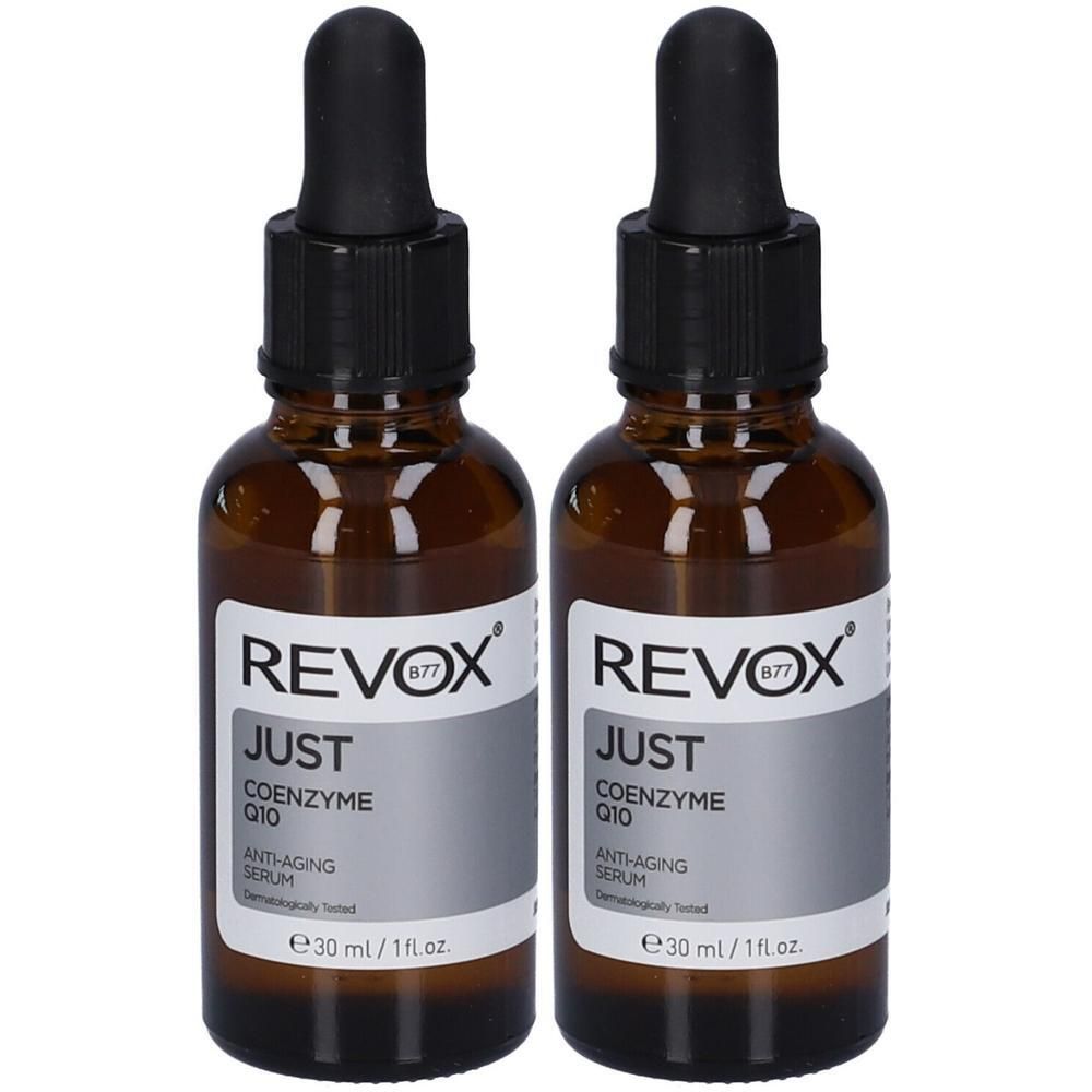 Due flaconi di Revox B77 Just Coenzima Q10 Siero Anti-Età, 30 ml ciascuno.