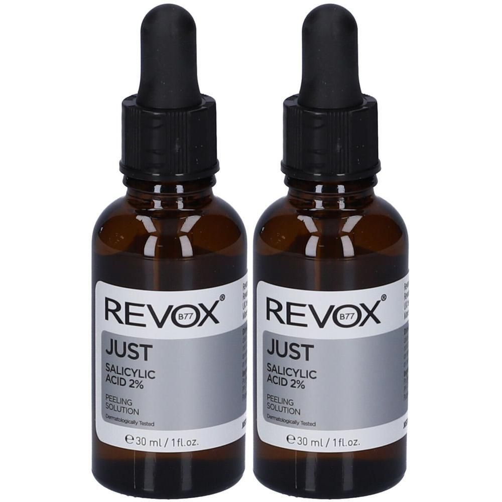 Due flaconi Revox B77 Acido Salicilico 2% Soluzione Peeling con contagocce. Flaconi in vetro ambrato, 30 ml.