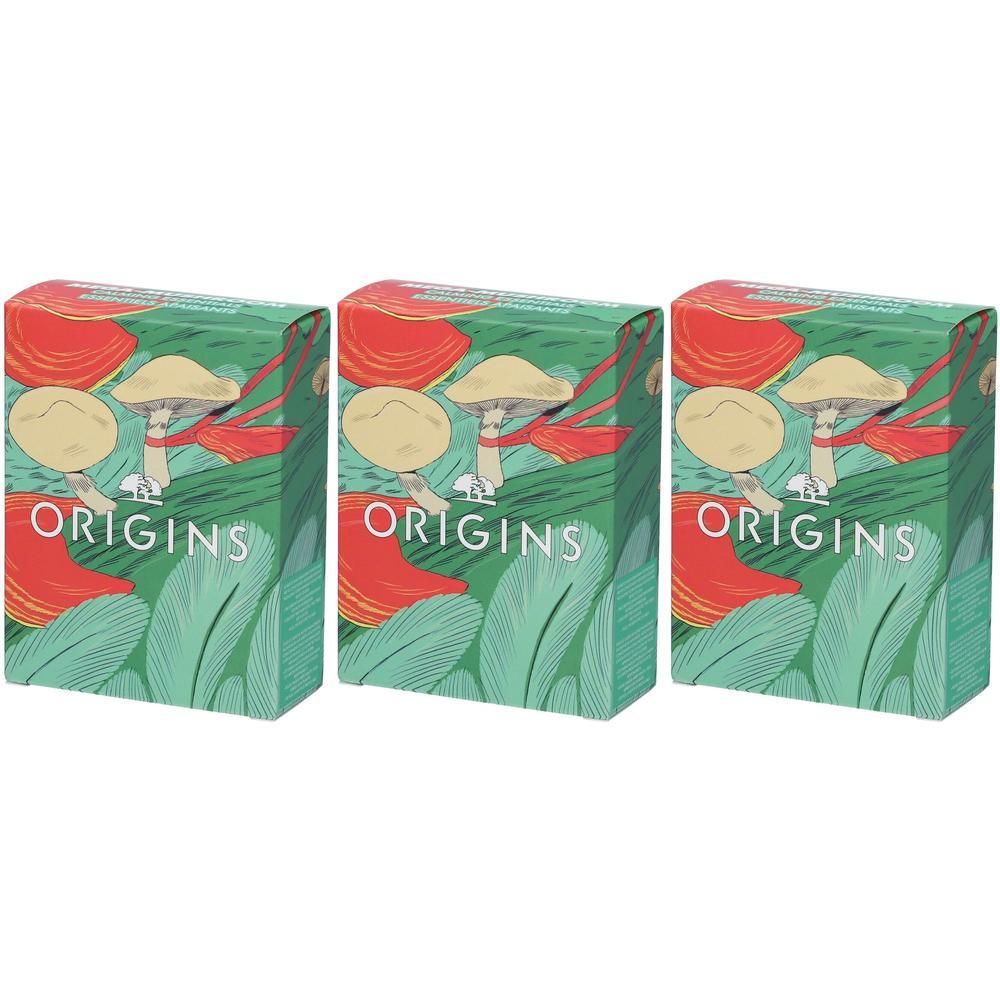 Tre cofanetti regalo Origins con motivo a fungo e foglie.