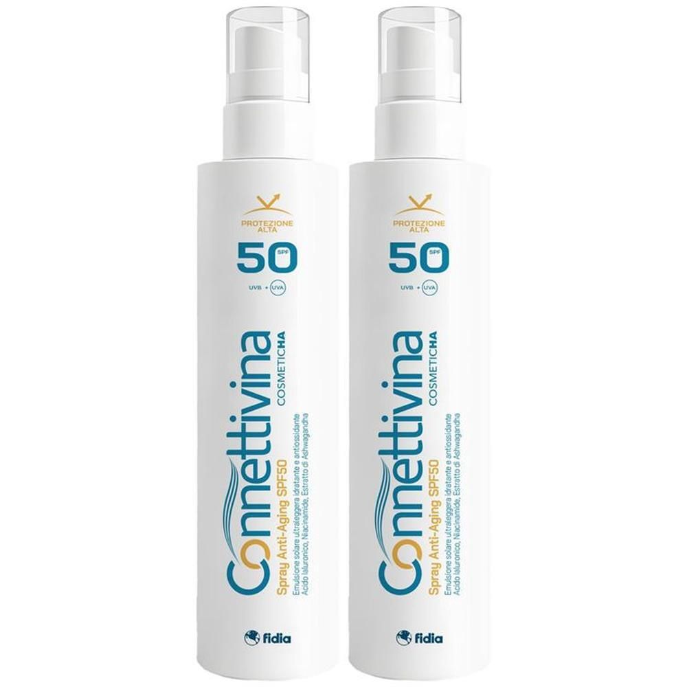 Due flaconi spray bianchi con SPF 50 e formula anti-aging.