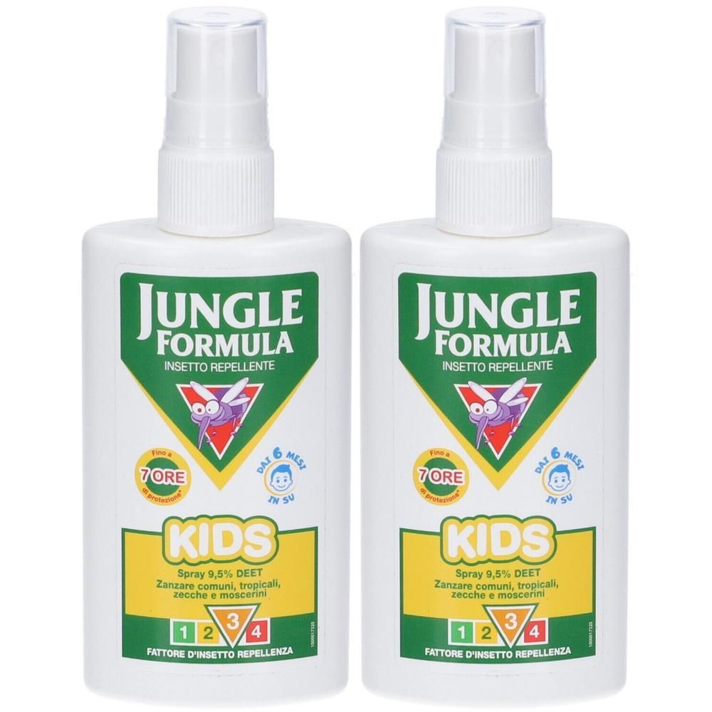 Due flaconi spray bianchi di repellente per insetti per bambini. Etichette verdi e gialle con la scritta 'Jungle Formula Kids'.