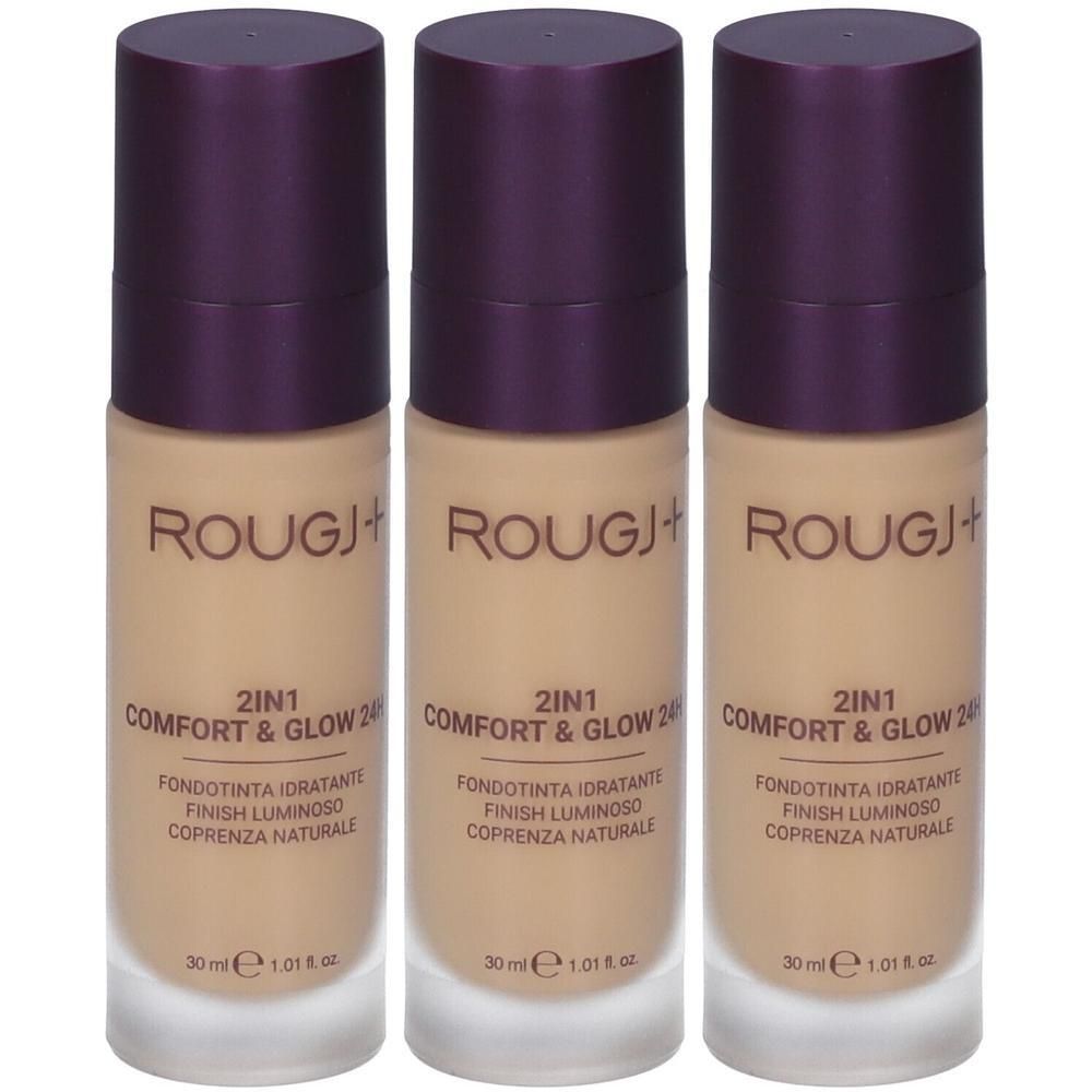 Tre flaconi di fondotinta liquido con tappi viola. Marca: ROUGJ+. Prodotto: 2IN1 Comfort & Glow.