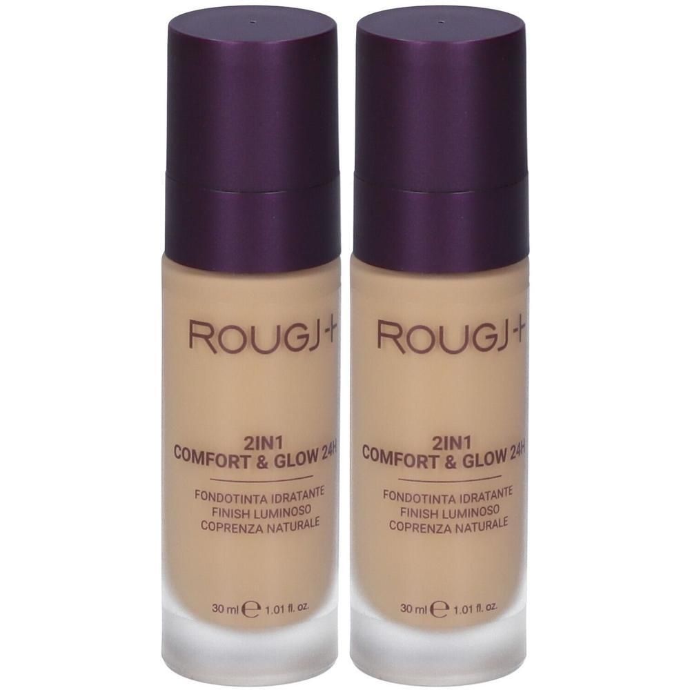 Due flaconi di fondotinta Rougj+ 2IN1 Comfort & Glow, 30 ml ciascuno.