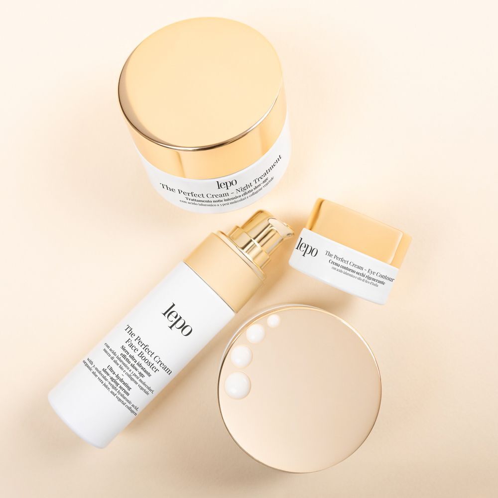 Prodotti Lepo The Perfect Cream: vasetto, flacone con erogatore e crema contorno occhi.
