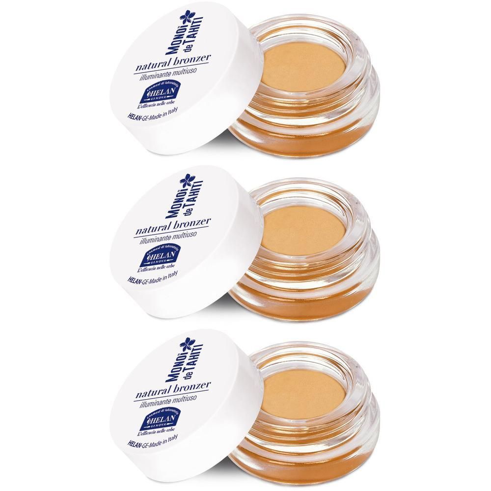 Tre piccoli contenitori in vetro con coperchio bianco, contenenti ciascuno un bronzer color nocciola. Il coperchio riporta la scritta 'Monoi de Tahiti natural bronzer'.