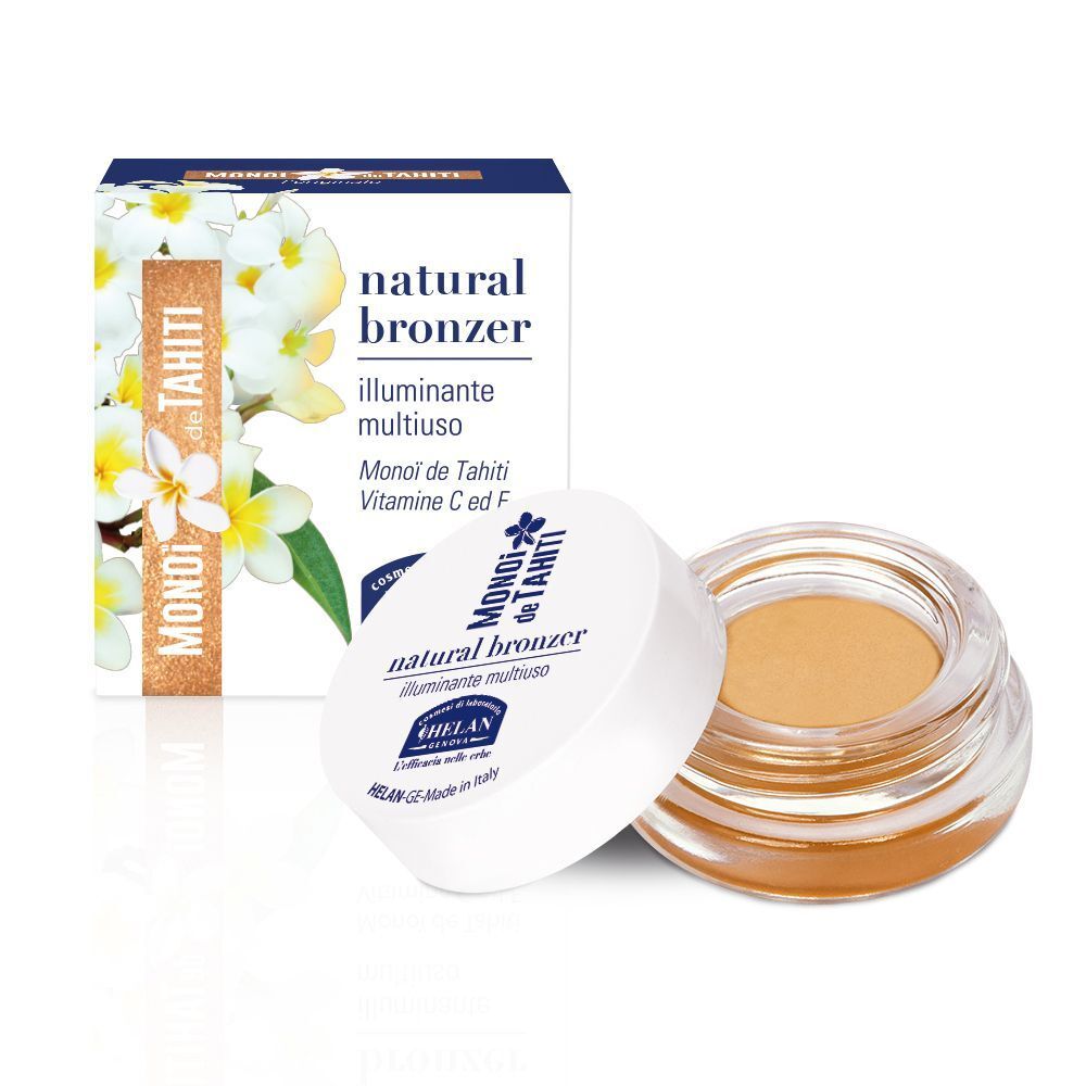 Un vasetto di bronzer naturale e la sua scatola. Il bronzer è color oro-marrone.