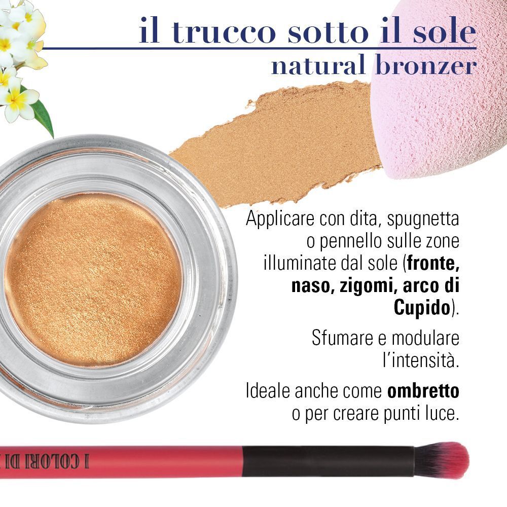 Bronzer dorato in un vasetto trasparente con spugnetta e pennello applicatore.