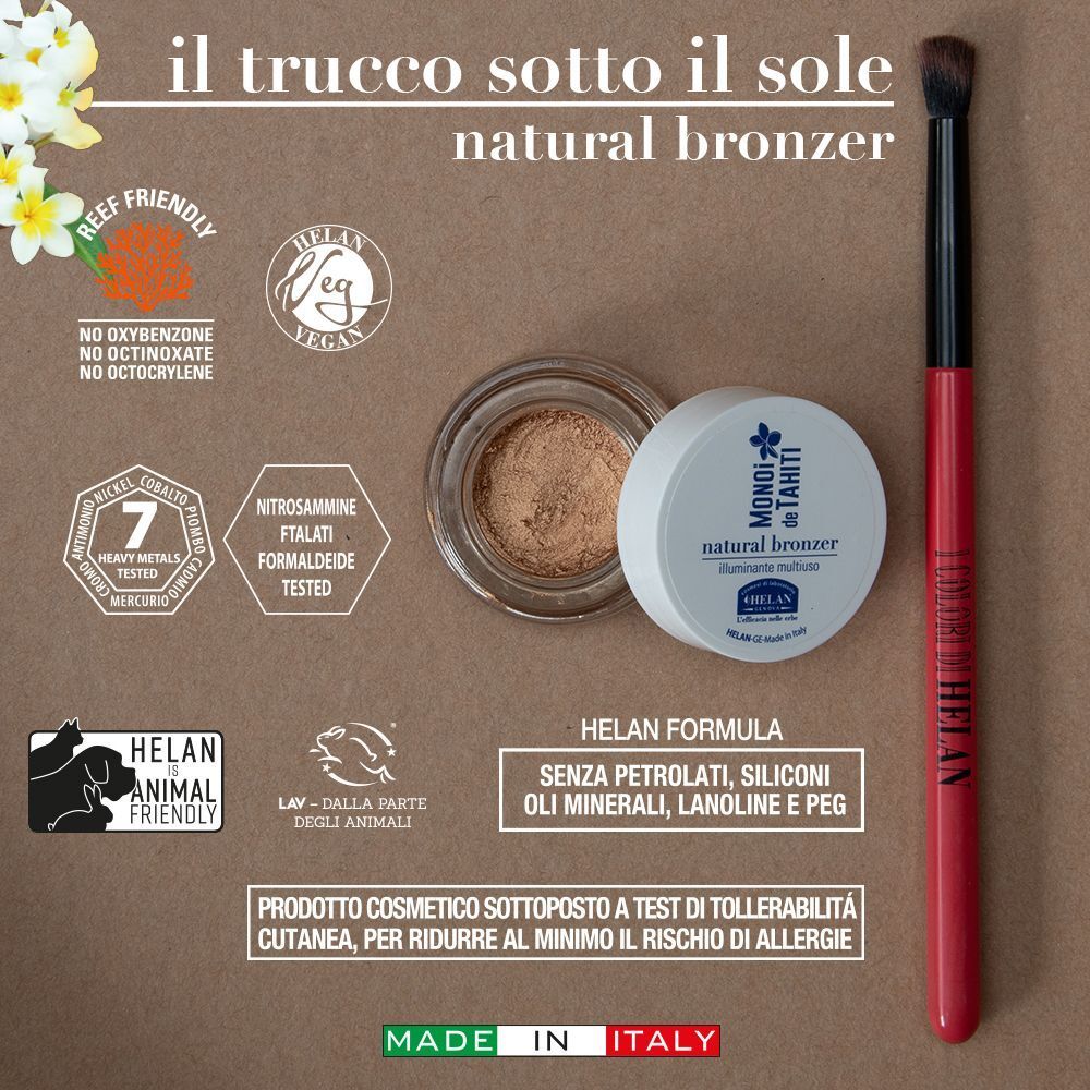 Un piccolo vasetto di crema abbronzante e un pennello rosso. Include sigilli "Reef Friendly" e "Vegan".