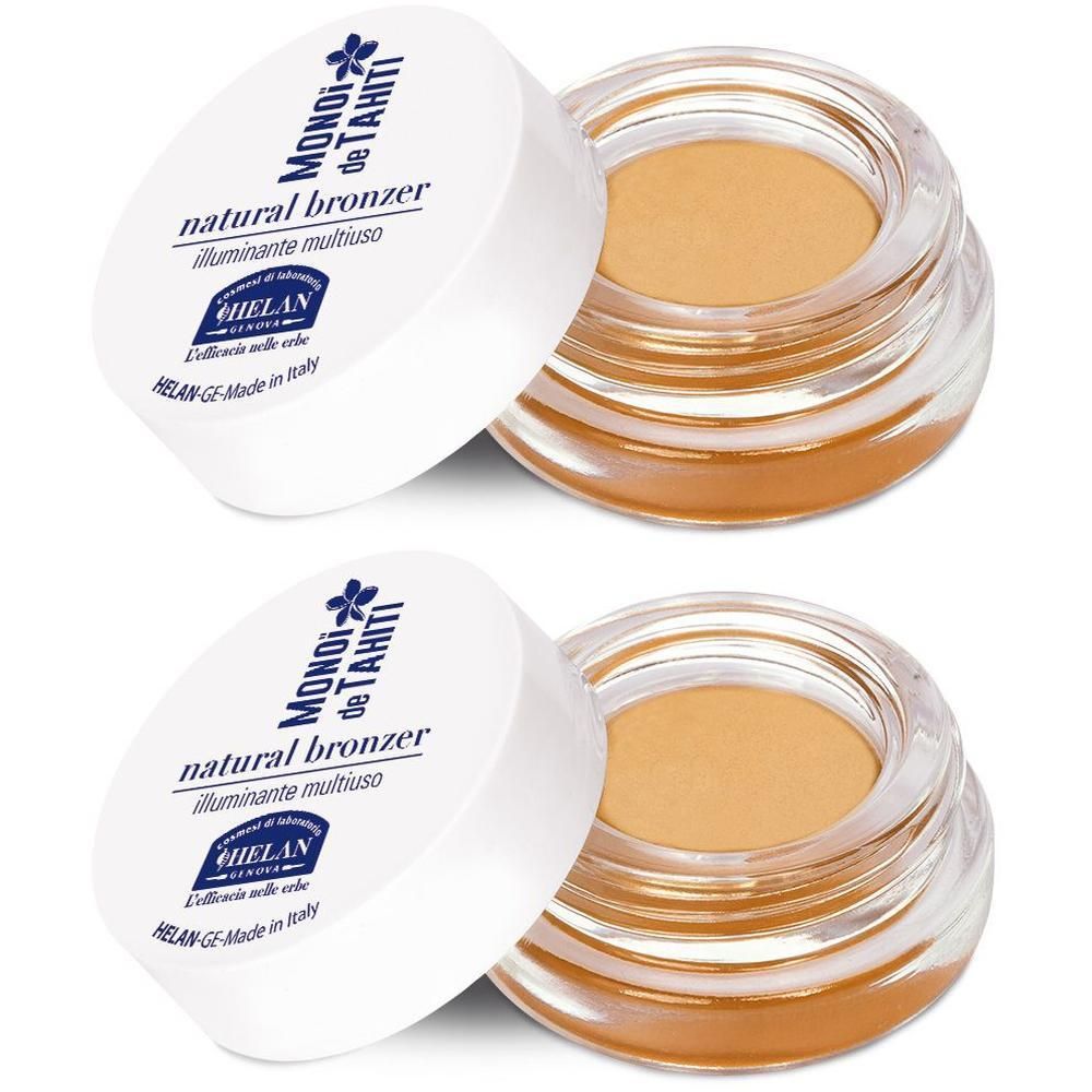 Due vasetti di bronzer chiaro, scritta "Monoi de Tahiti Natural Bronzer".