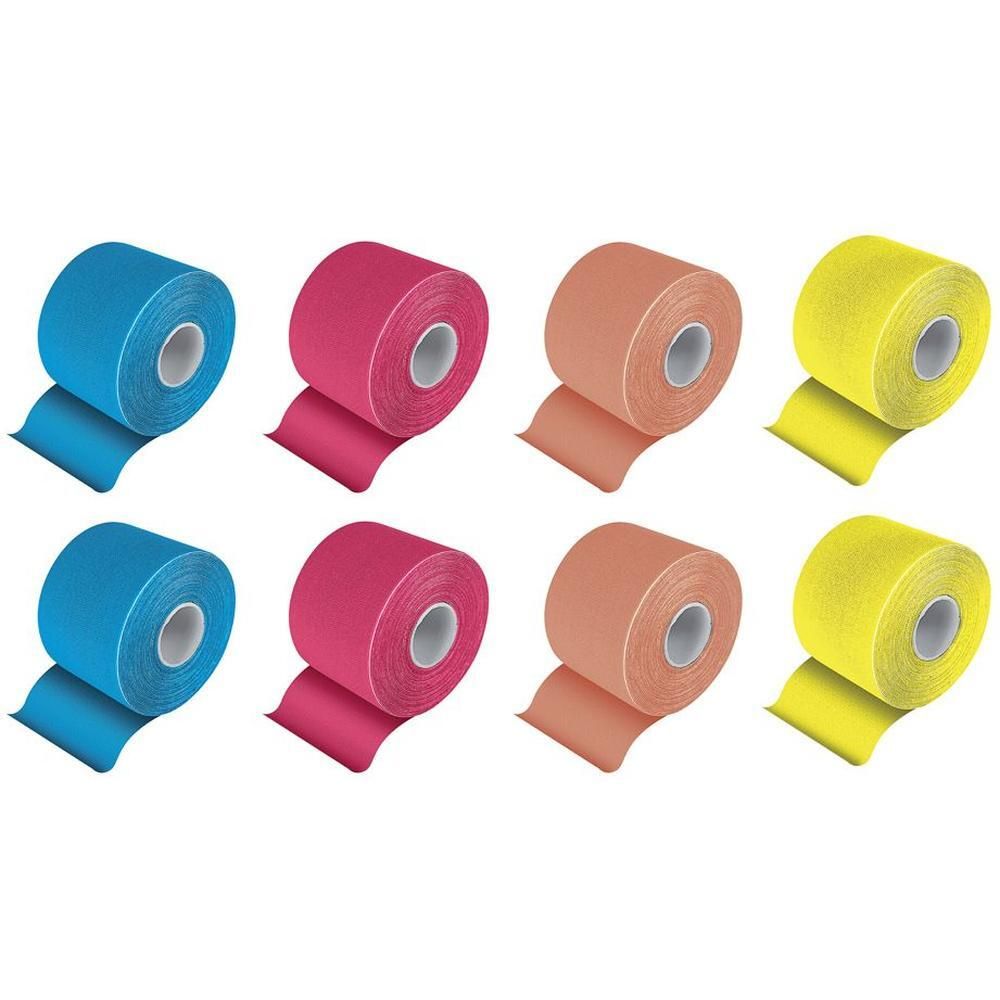 Quattro rotoli di nastro kinesiologico blu, rosa, color carne e giallo.