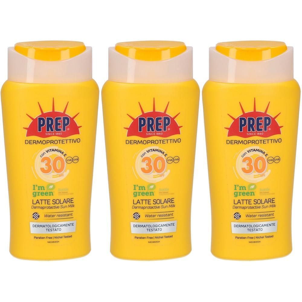 Tre flaconi gialli di latte solare PREP® SPF 30. Resistente all'acqua.