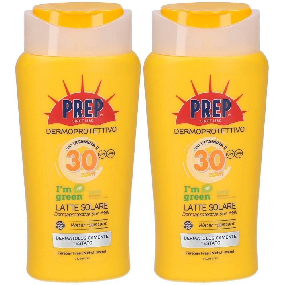 Due flaconi gialli PREP® Latte Solare Dermoprotettivo SPF 30 con Vitamina E.