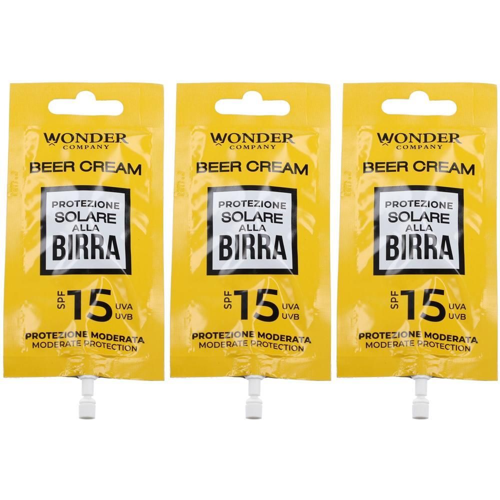 Tre bustine di crema solare SPF 15, marca Wonder Company, Beer Cream.