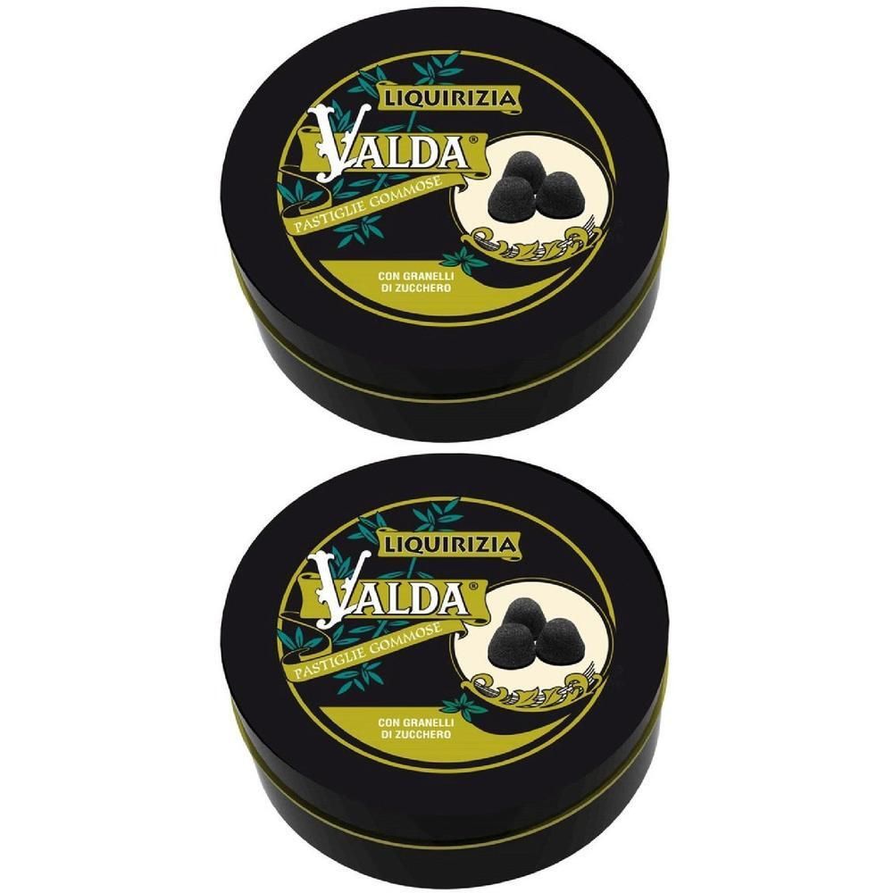 Due scatole rotonde nere Valda Liquirizia Pastiglie Gommose con caramelle alla liquirizia.
